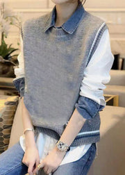 Casual Grey Denim Patchwork Shirt And Vest Autumn New Two-Piece Set