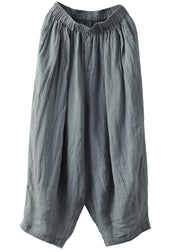 Casual Grey Elastic Waist Pockets Patchwork Linen Lantern Pants Summer