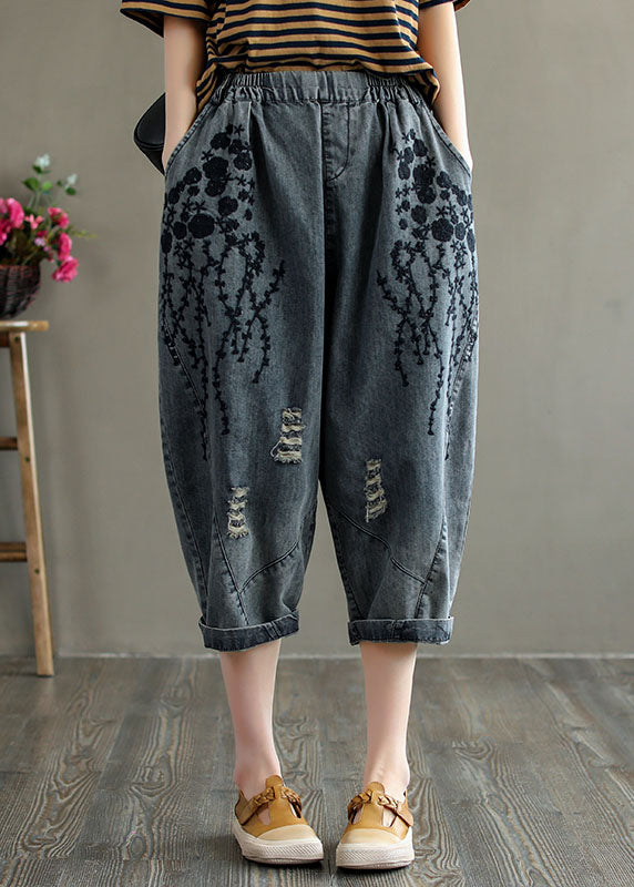Casual Grey Embroidered Hole Pockets Cotton Denim Crop Pants Summer