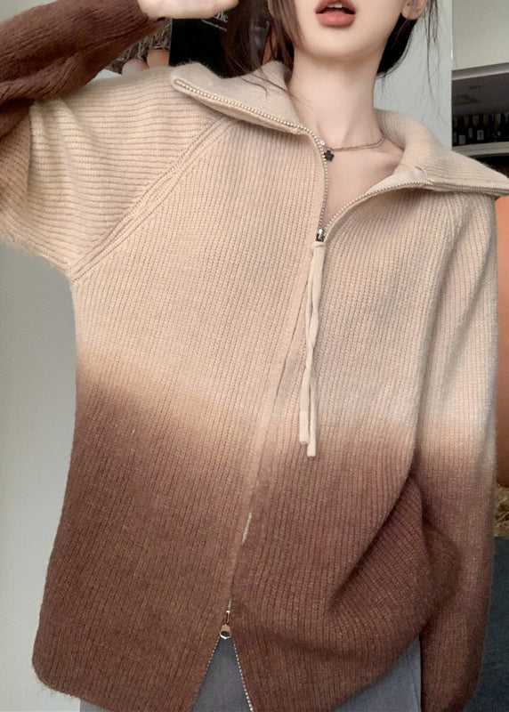Casual Grey Gradient Zip Up Patchwork Knit Jacket Winter