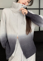 Casual Grey Gradient Zip Up Patchwork Knit Jacket Winter