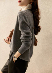 Casual Grey Hign Neck Thick Patchwork Woolen Knit Pullover Fall