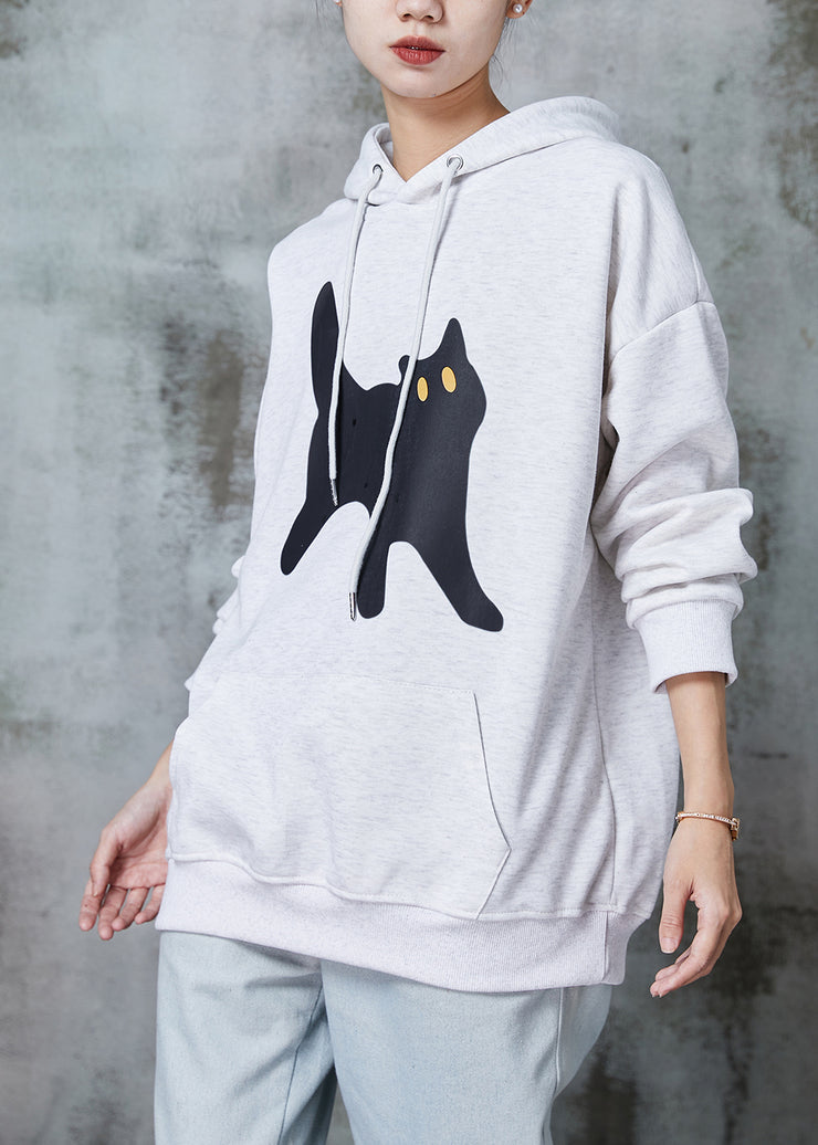 Casual Grey Hooded Cat Print Warm Fleece Sweatshirt Tops Spring