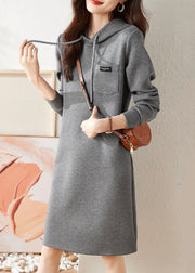 Casual Grey Hooded Lace Up Patchwork Cotton Dress Fall