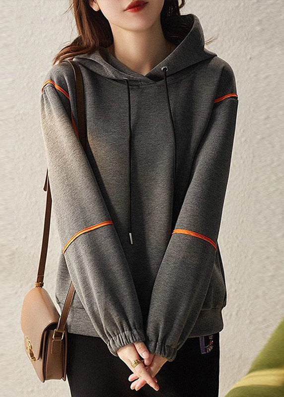 Casual Grey Hooded Lace Up Patchwork Cotton Sweatshirts Long Sleeve