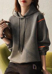 Casual Grey Hooded Lace Up Patchwork Cotton Sweatshirts Long Sleeve