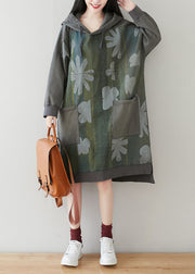 Casual Grey Hooded Patchwork Print Cotton Dress Batwing Sleeve