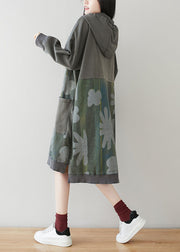 Casual Grey Hooded Patchwork Print Cotton Dress Batwing Sleeve