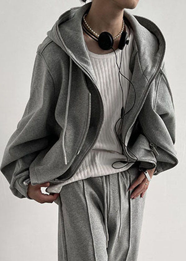 Casual Grey Hooded Patchwork Zippered Cotton Fake Two Piece Coats Spring