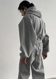 Casual Grey Hooded Patchwork Zippered Cotton Fake Two Piece Coats Spring