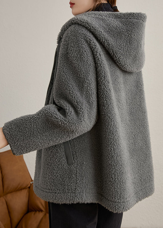 Casual Grey Hooded Pockets Patchwork Woolen Coats Winter