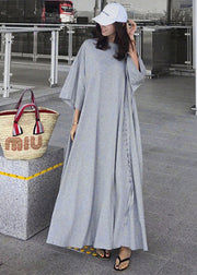 Lässiges, graues, asymmetrisches Baumwollkleid mit O-Ausschnitt und Dreiviertelärmeln