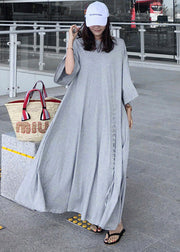 Casual Grey O-Neck Asymmetrical Cotton Dress Three Quarter sleeve