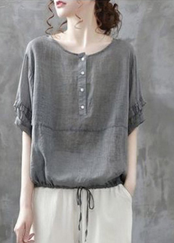 Casual Grey O-Neck Button Drawstring Patchwork Linen Shirt Tops Short Sleeve