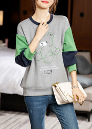Casual Grey O-Neck Embroidered Patchwork Cotton Sweatshirt Long Sleeve