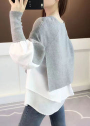 Casual Grey O Neck False Two Pieces Patchwork Knit Sweater Top Fall
