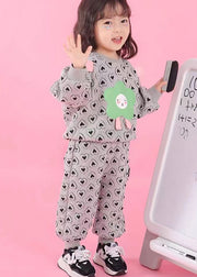 Casual Grey O Neck Heart Print Cotton Baby Girls Two Pieces Set Fall