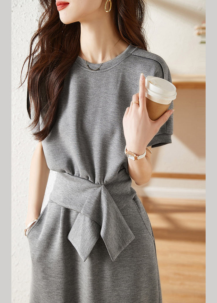Casual Grey O-Neck Top And Skirts Two Piece Set Short Sleeve