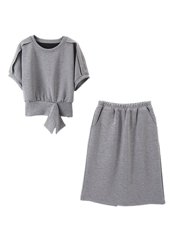 Casual Grey O-Neck Top And Skirts Two Piece Set Short Sleeve