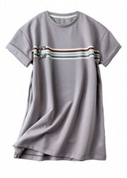 Casual Grey O Neck Zircon Patchwork Cotton T Shirt Dresses Summer