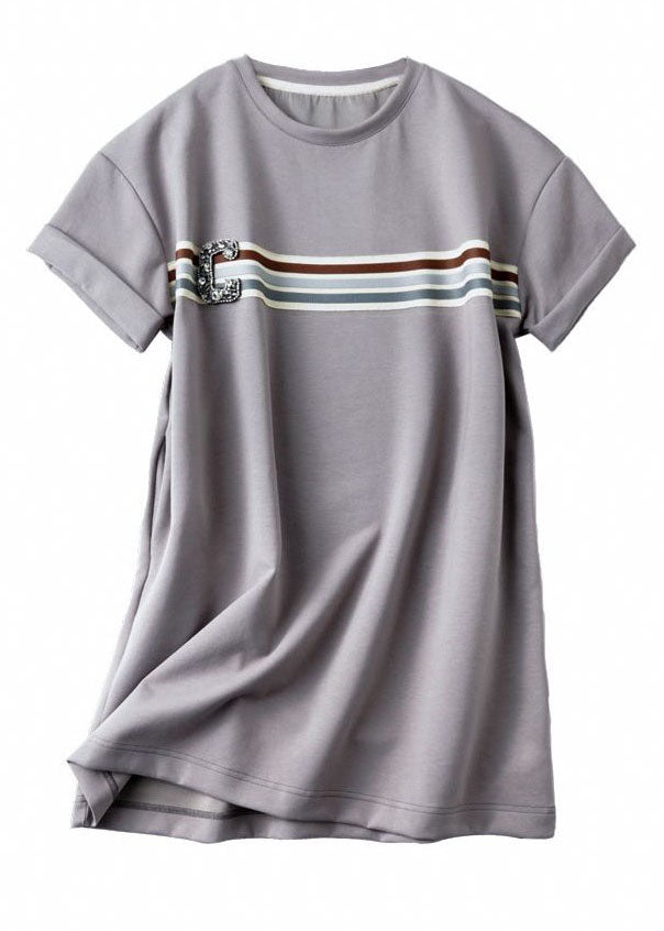Casual Grey O Neck Zircon Patchwork Cotton T Shirt Dresses Summer