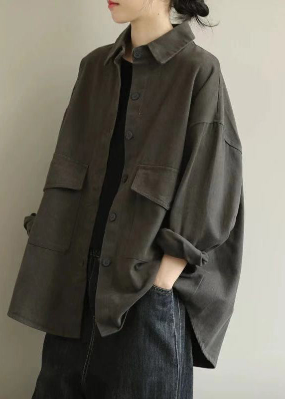 Casual Grey Oversized Pockets Cotton Coat Outwear Fall