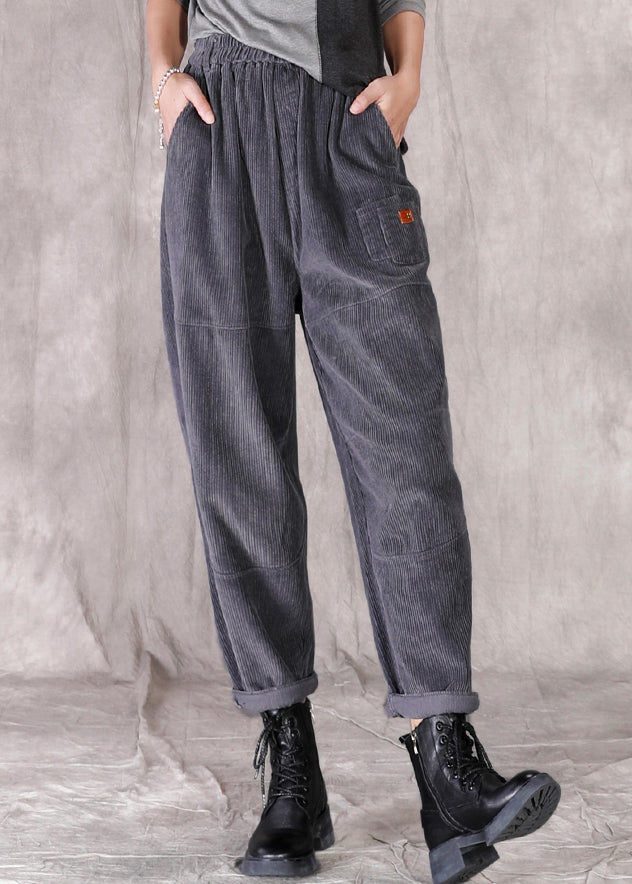 Casual Grey Pockets Patchwork Elastic Waist Corduroy Pants Fall