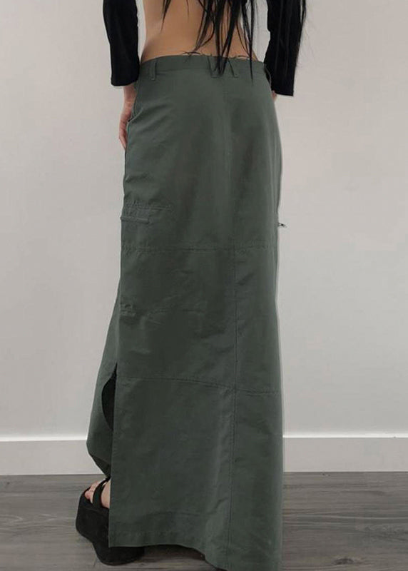 Casual Grey Pockets Side Open Patchwork Cotton Maxi Skirts Fall