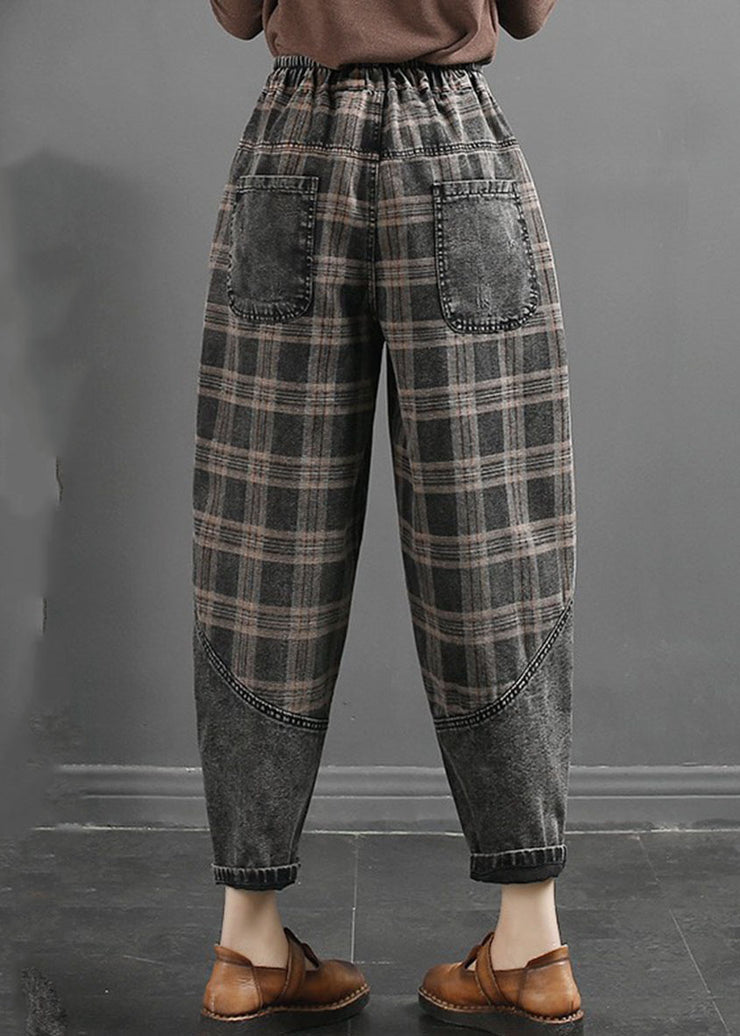 Casual Grey Striped Plaid Patchwork Elastic Waist Crop Pants Fall