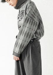 Casual Grey Turtleneck Print Thick Knit Sweaters Fall