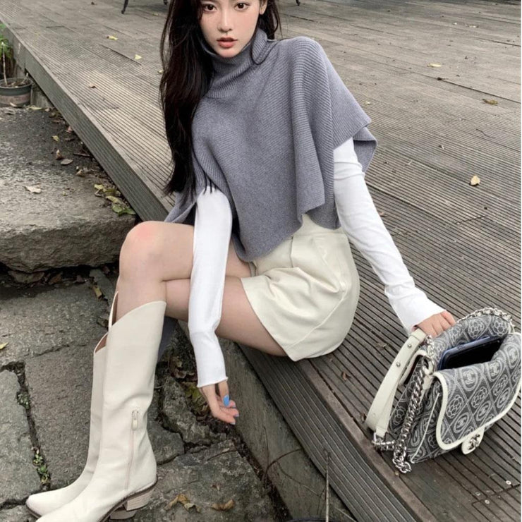 Sweater tops Casual Grey Turtleneck asymmetrical design Cloak Sleeves Knit Top - SooLinen
