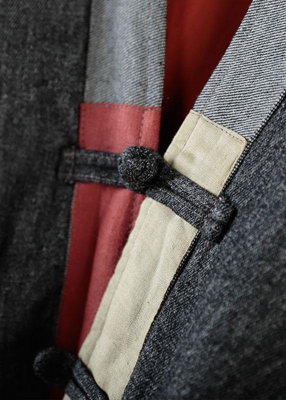 Casual Grey V Neck Embroideried Pockets Winter Cotton Coats Long Sleeve - SooLinen