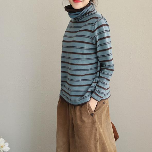 Casual High Neck Striped Fitted Cotton Sweater For Women New