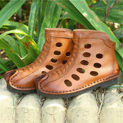 Casual Hollow Out Boots Brown Cowhide Leather - SooLinen