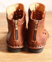Casual Hollow Out Boots Brown Cowhide Leather - SooLinen