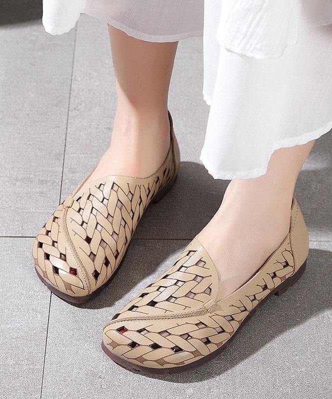 Casual Hollow Out Flat Feet Shoes Khaki Cowhide Leather Embossed Flats Shoes - SooLinen