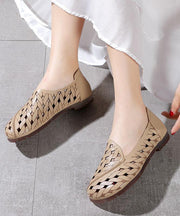 Casual Hollow Out Flat Feet Shoes Khaki Cowhide Leather Embossed Flats Shoes - SooLinen