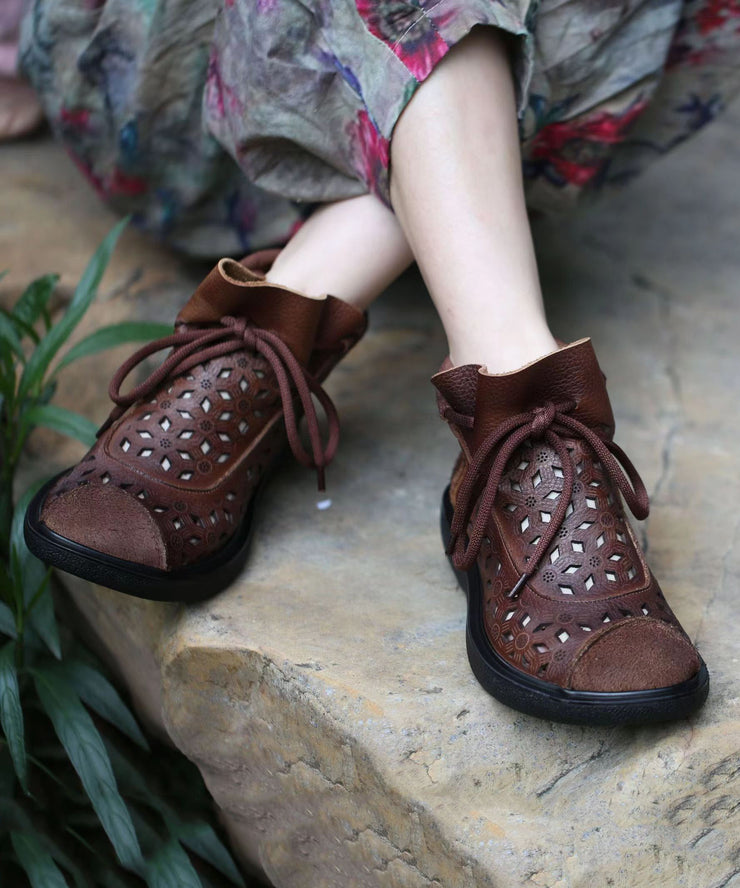 Casual Hollow Out Lace Up Splicing Boots Brown Cowhide Leather