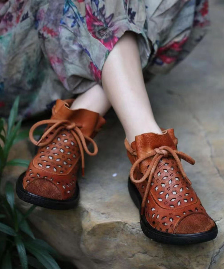 Casual Hollow Out Lace Up Splicing Boots Brown Cowhide Leather