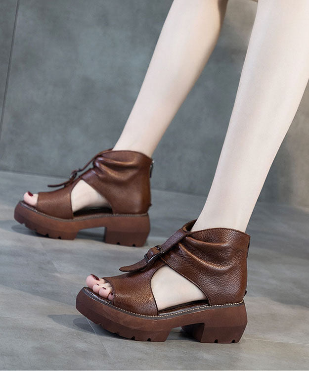 Casual Hollow Out Wedge Sandals Brown Cowhide Leather Platform Chunky High Heels