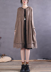 Casual Khaki Button Hollow Out Patchwork Knit Cardigan Spring