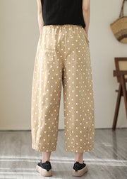 Casual Khaki Dot Pockets Elastic Waist Cotton Crop Pants Fall