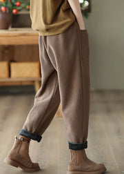 Casual Khaki Elastic Waist Drawstring Pockets Warm Fleece Pants Winter