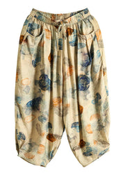 Casual Khaki Elastic Waist Pockets Print Patchwork Cotton Lantern Pants Summer