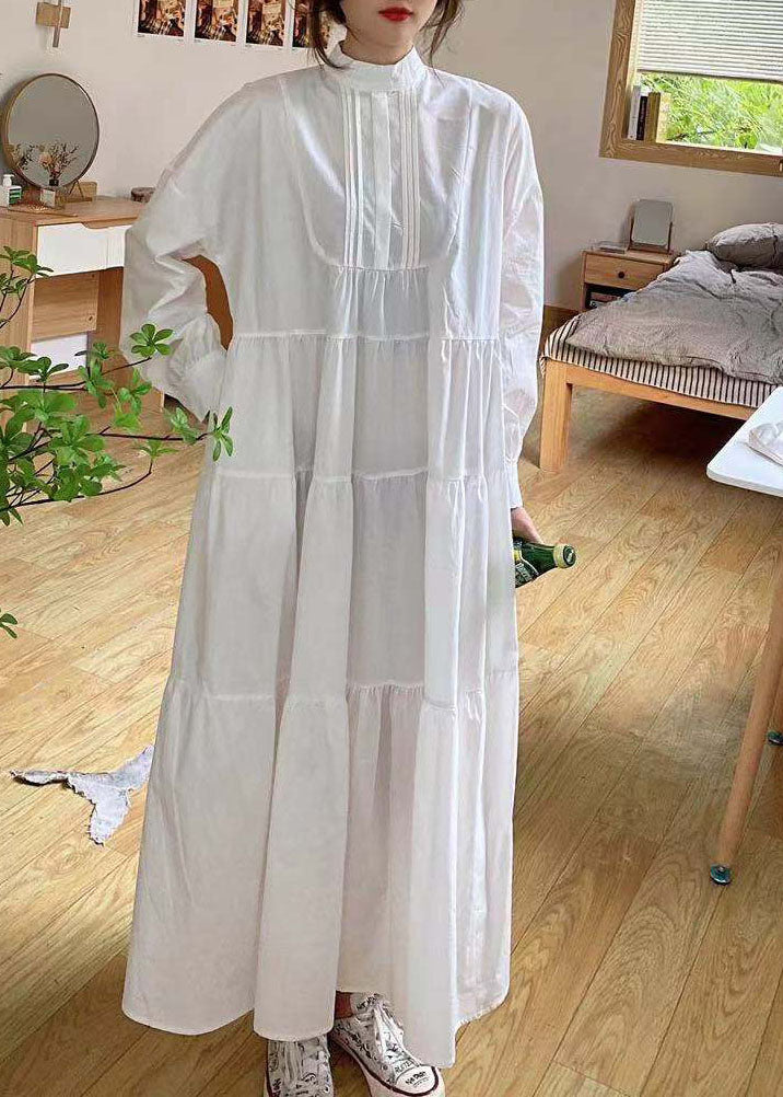 Casual Khaki Hign Neck Patchwork Wrinkled Cotton Long Dress Spring