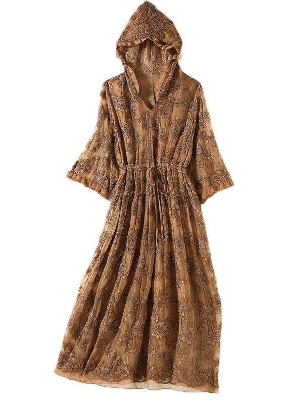 Casual Khaki Hooded Embroidered Silk Cinched Dress Summer