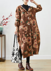 Casual Khaki Hooded Floral Print Warm Fleece Coats Winter