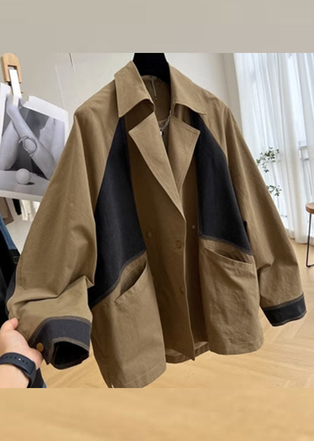 Casual Khaki Notched Pockets Patchwork Button Coat Long Sleeve