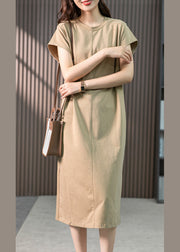 Casual Khaki O-Neck Embroidered Cozy Cotton Maxi Dresses Short Sleeve