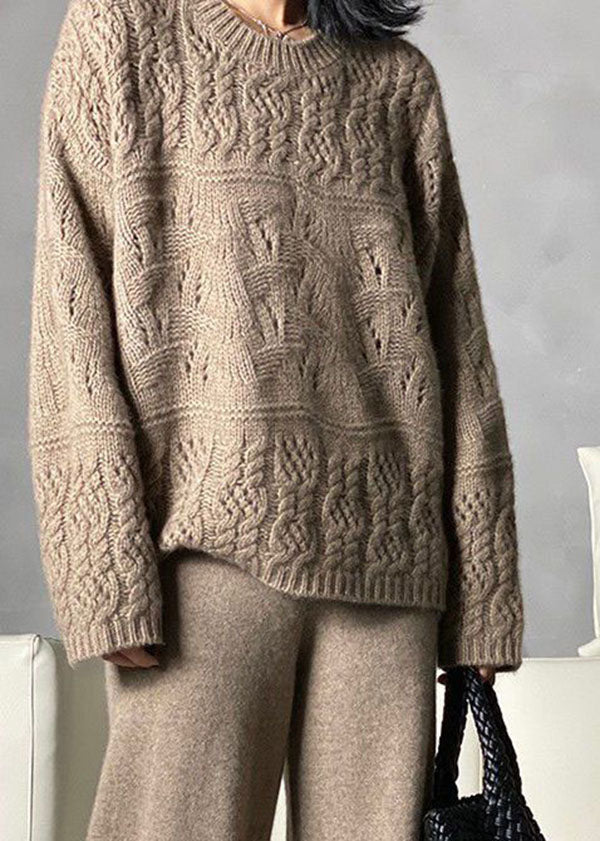 Casual Khaki O-Neck Oversized Thick Hollow Out Knitted Tops Winter